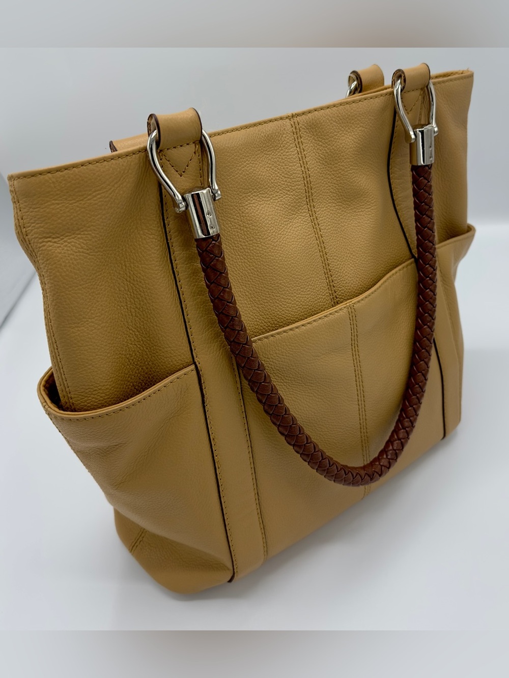 Tignanello Tan Leather Bag with Dark Brown Woven Straps & Silver Tone Hardware